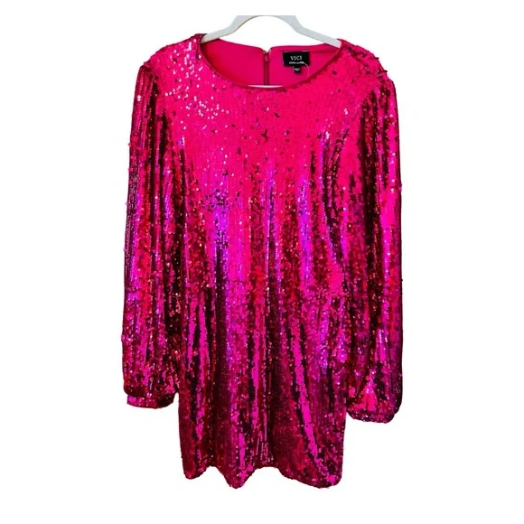 Vici Set The Tone Pink Sequin Sheath Mini Dress with Bishop Sleeves - Picture 9 of 10